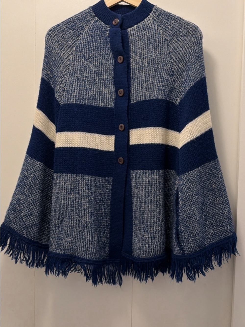 Blue and Cream Fringe Button-Front Women's Sweater Cape